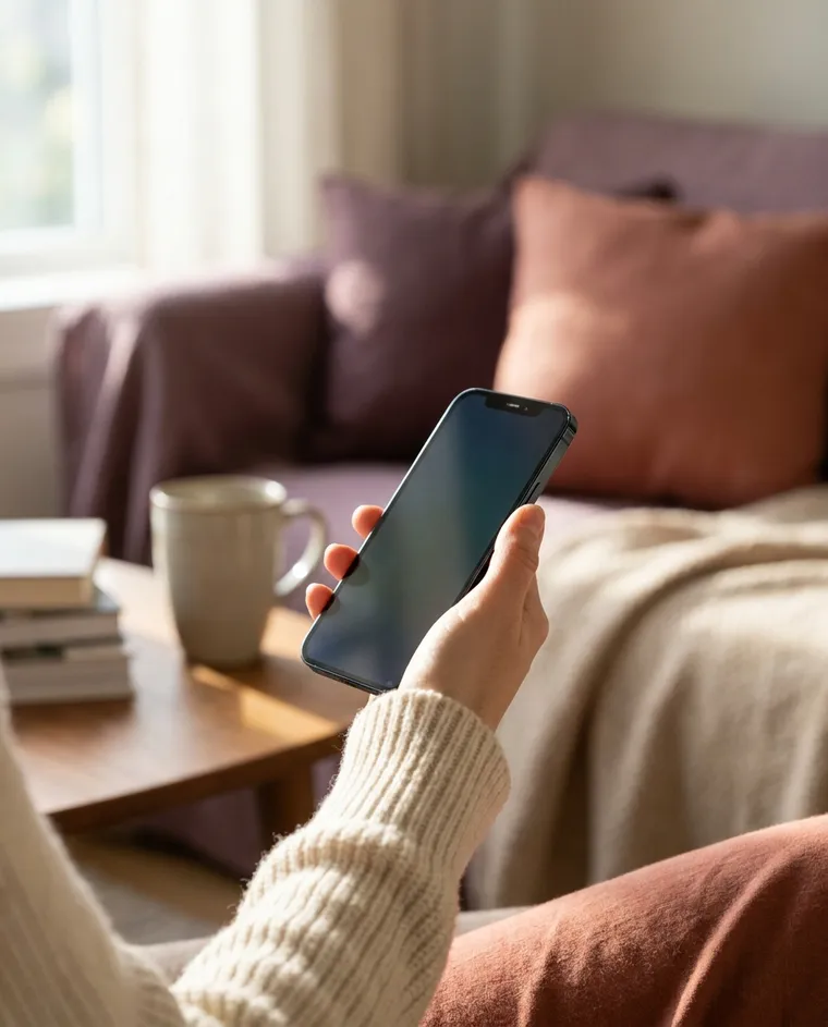 A person relaxing at home holding a smartphone